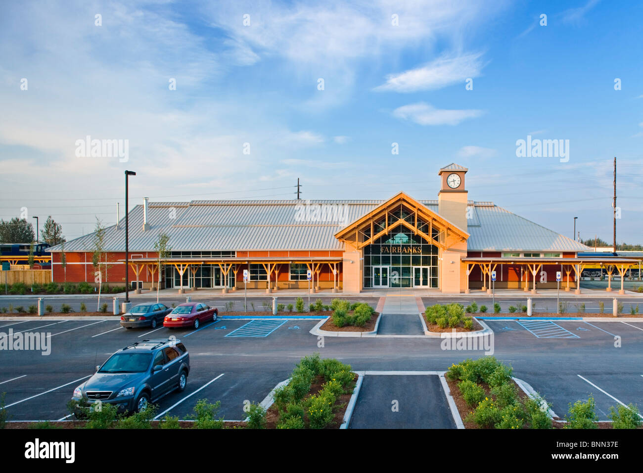 The Alaska Railroad terminal building in Fairbanks, Alaska during Summer Stock Photo
