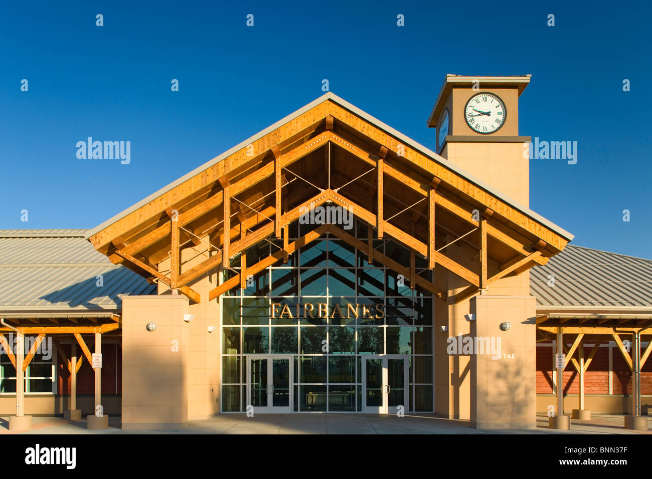 The Alaska Railroad terminal building in Fairbanks, Alaska during Summer Stock Photo