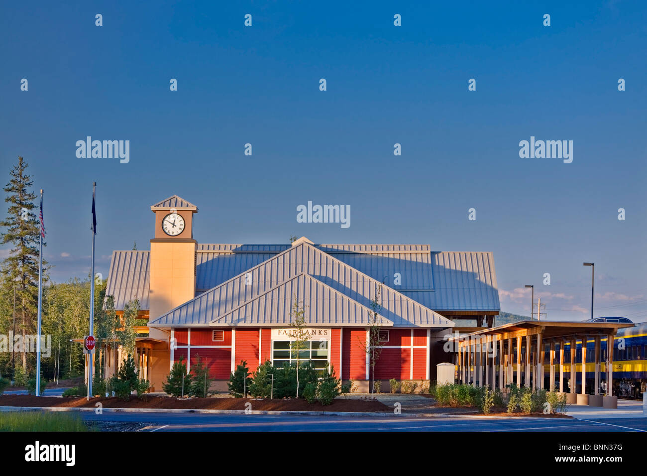 The Alaska Railroad terminal building in Fairbanks, Alaska during Summer Stock Photo