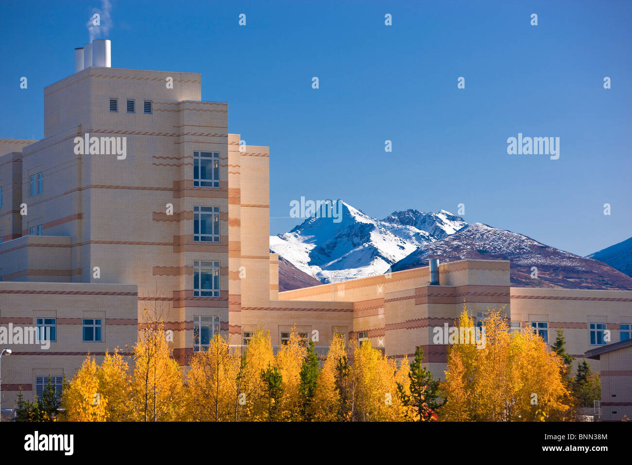 Scenic view of the Alaska Native Medical Center during Autumn in Anchorage, Alaska Stock Photo