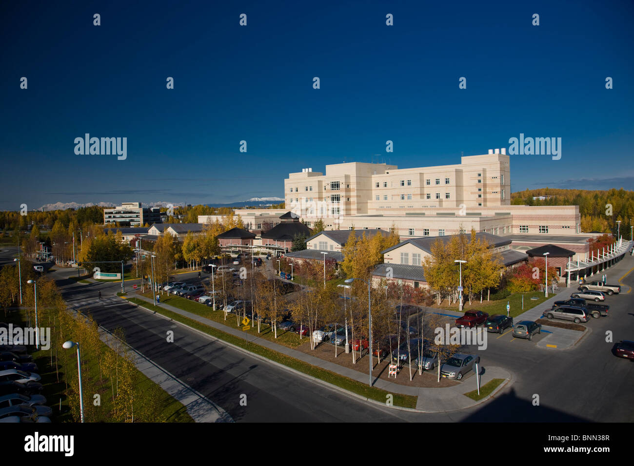 View of the Alaska Native Medical Center during Autumn in Anchorage, Alaska Stock Photo