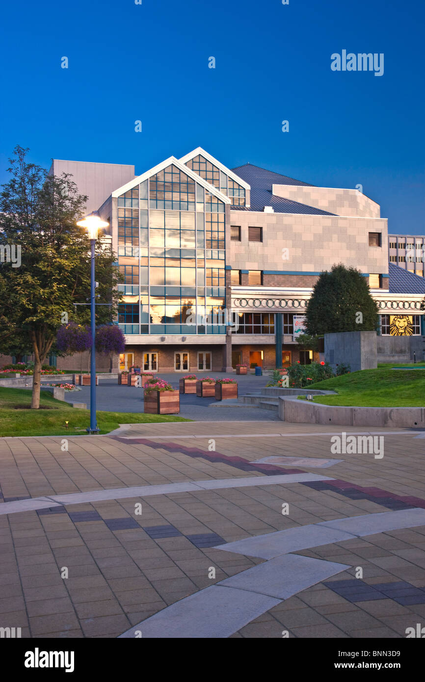 View of the Performing Arts Center and Town Square in downtown Anchorage in early morning during Summer, Alaska Stock Photo