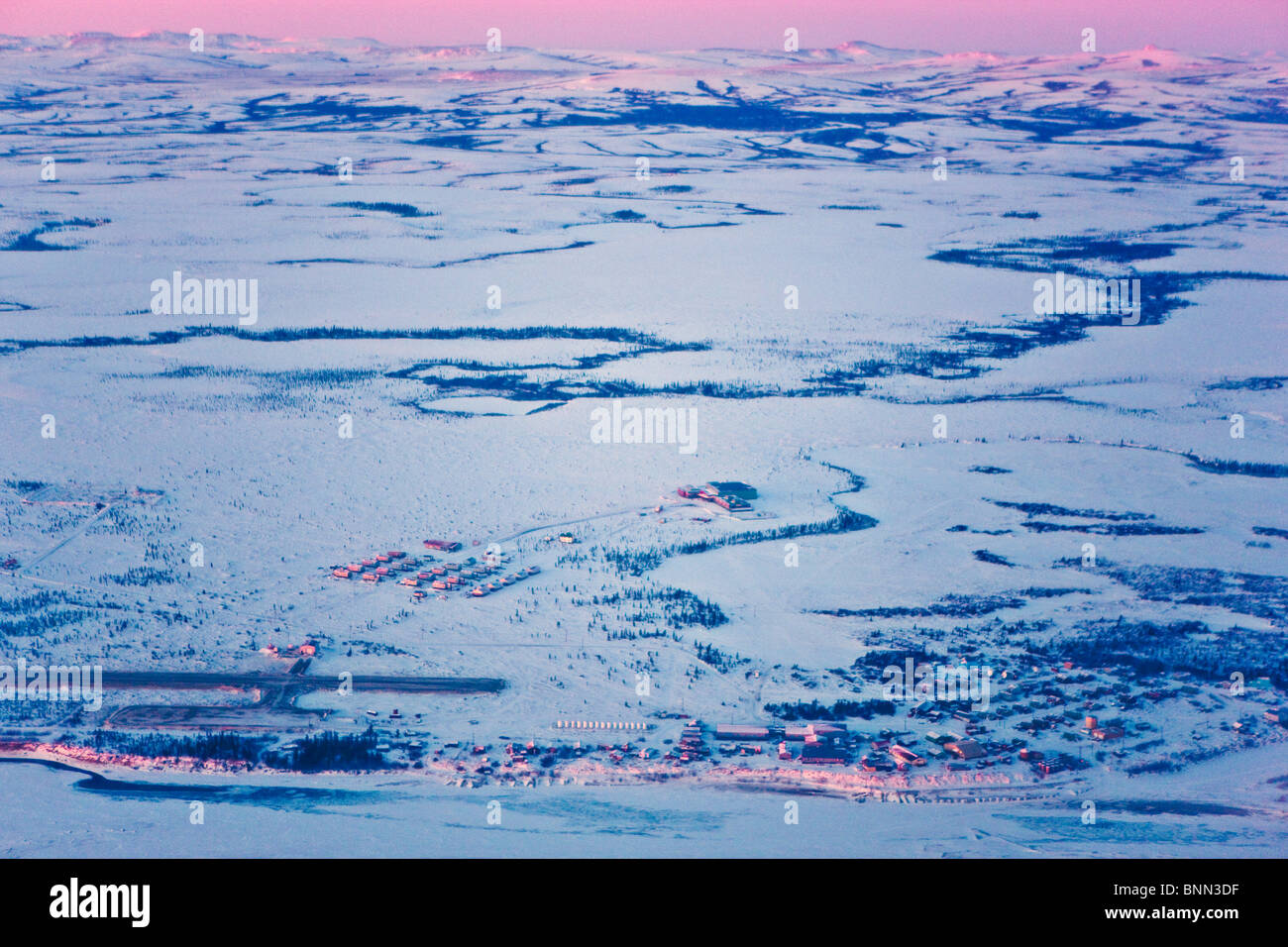 Aerial view of the Village of Noatak just before sunset during Winter