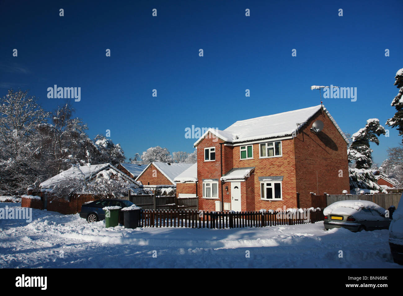 Modern English detached house in snow, taken during the big freeze in January 2010. Taken in Hampshire, England. Stock Photo