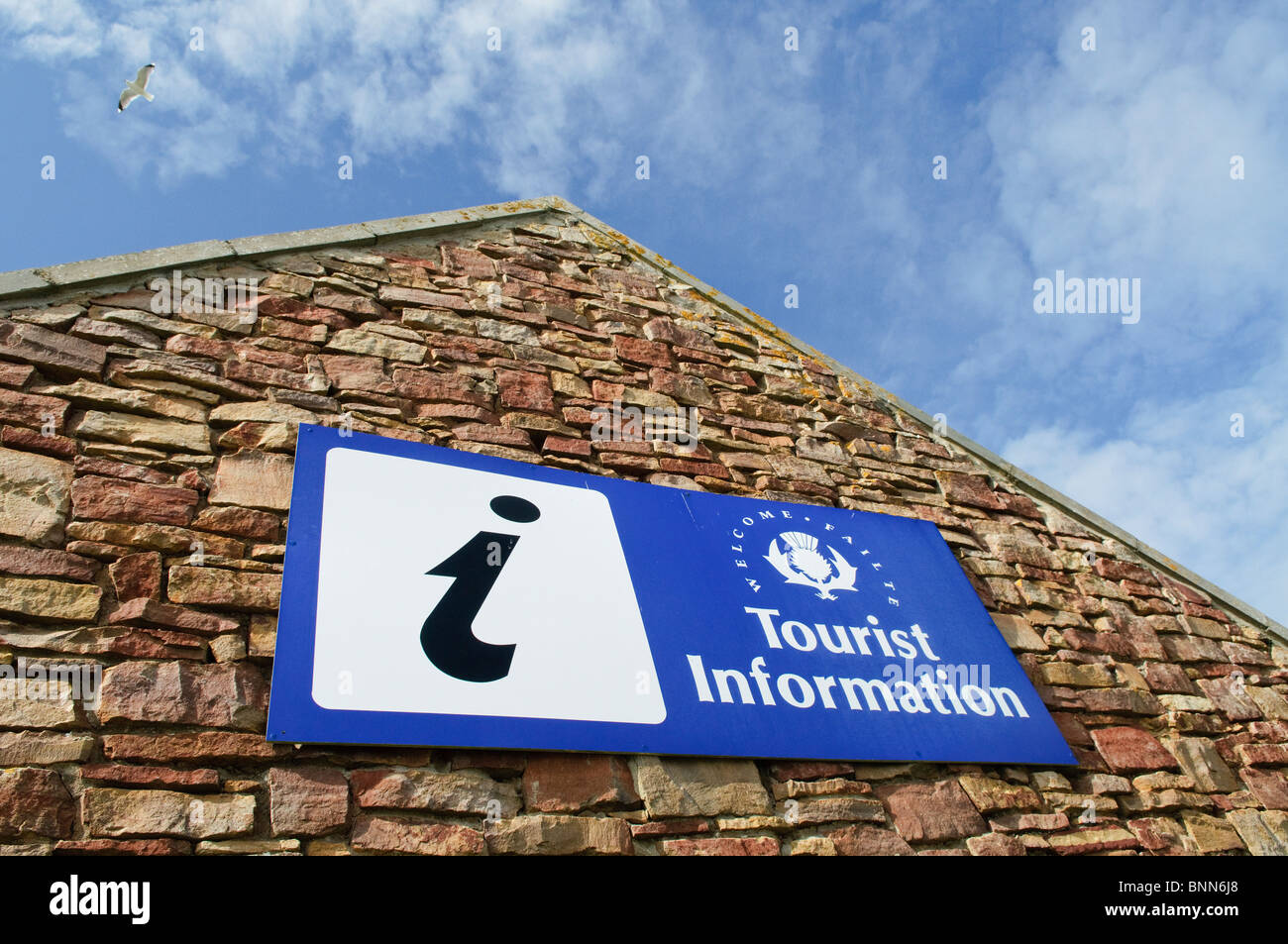 Scottish tourist information office sign at John O'Groats Stock Photo