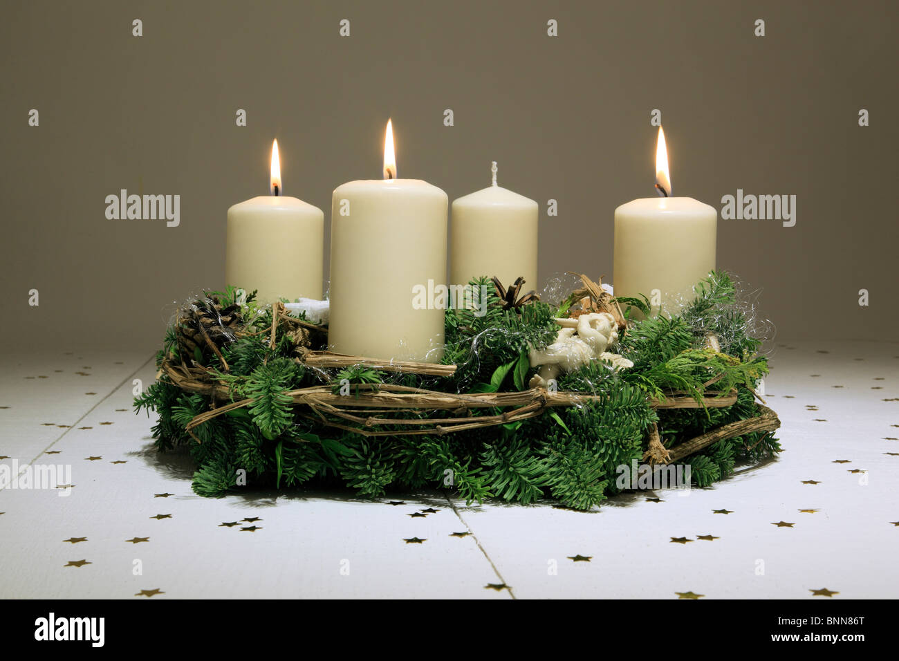 3 4 Advent Advent wreath Advent time Deko decoration adornment angel flame flames wood wooden boards candle candles Stock Photo
