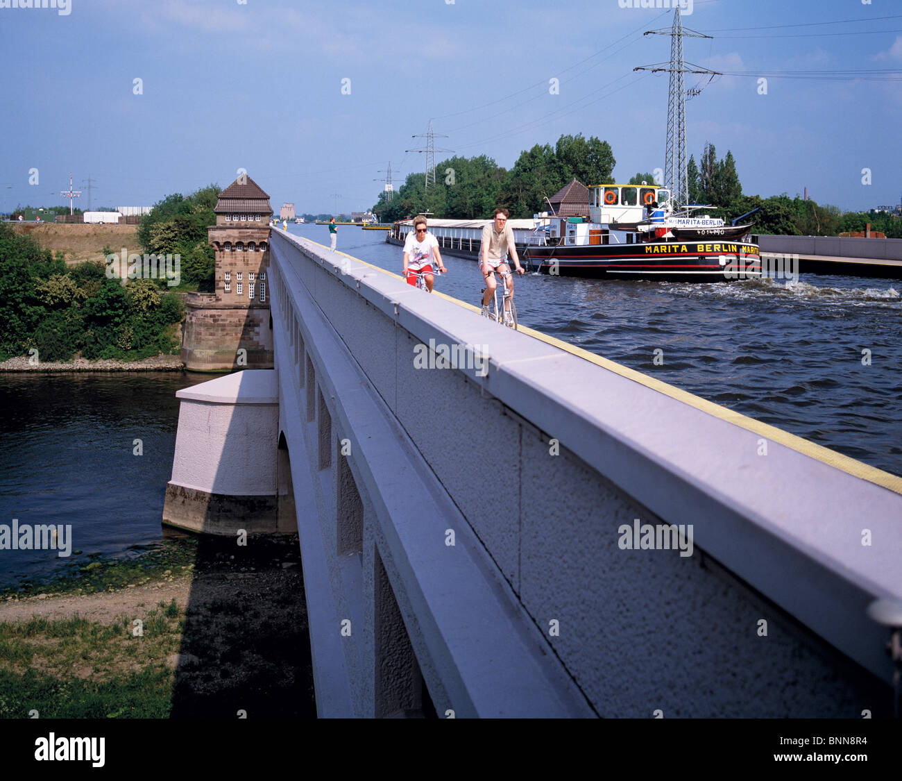 Germany Minden North Rhine-Westphalia Aqueduct crossing waterways Midland Canal Weser river old canal bridge trough bridge Stock Photo