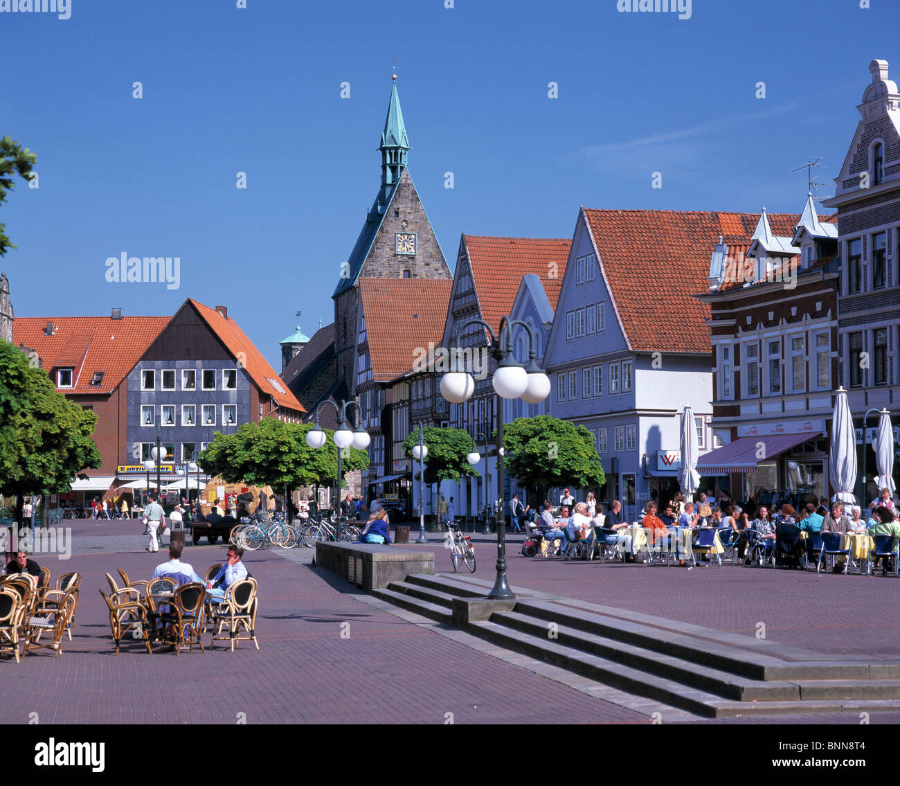 Germany Stadthagen Schaumburg Forest Lower Saxony market place St. Martin Church evangelic church residential buildings people Stock Photo