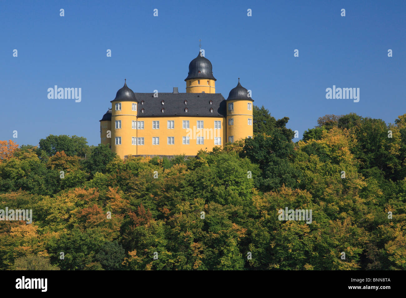 Germany Montabaur Gelbach Valley nature reserve Nassau Westerwald Rhineland-Palatinate castle hill castle Montabaur baroque Stock Photo