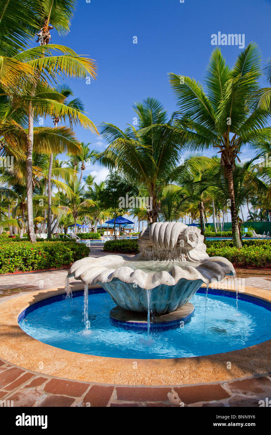 A decorative shell water fountain in the tropical garden at the Hyatt Dorado resort near San