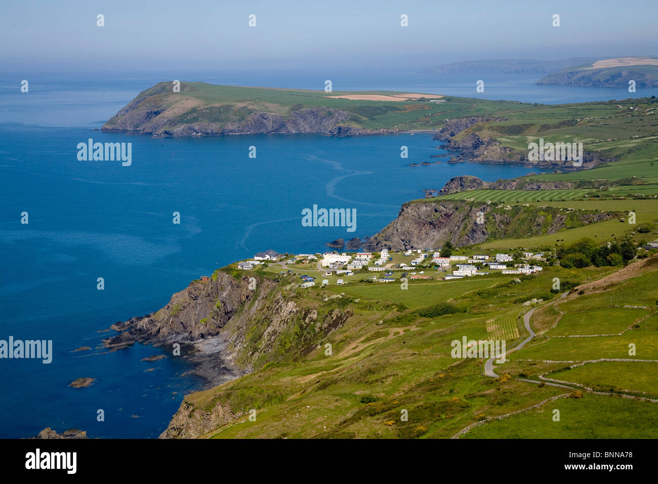 Aerial view of Dinas head caravan site, Pembrokeshire seascape National ...