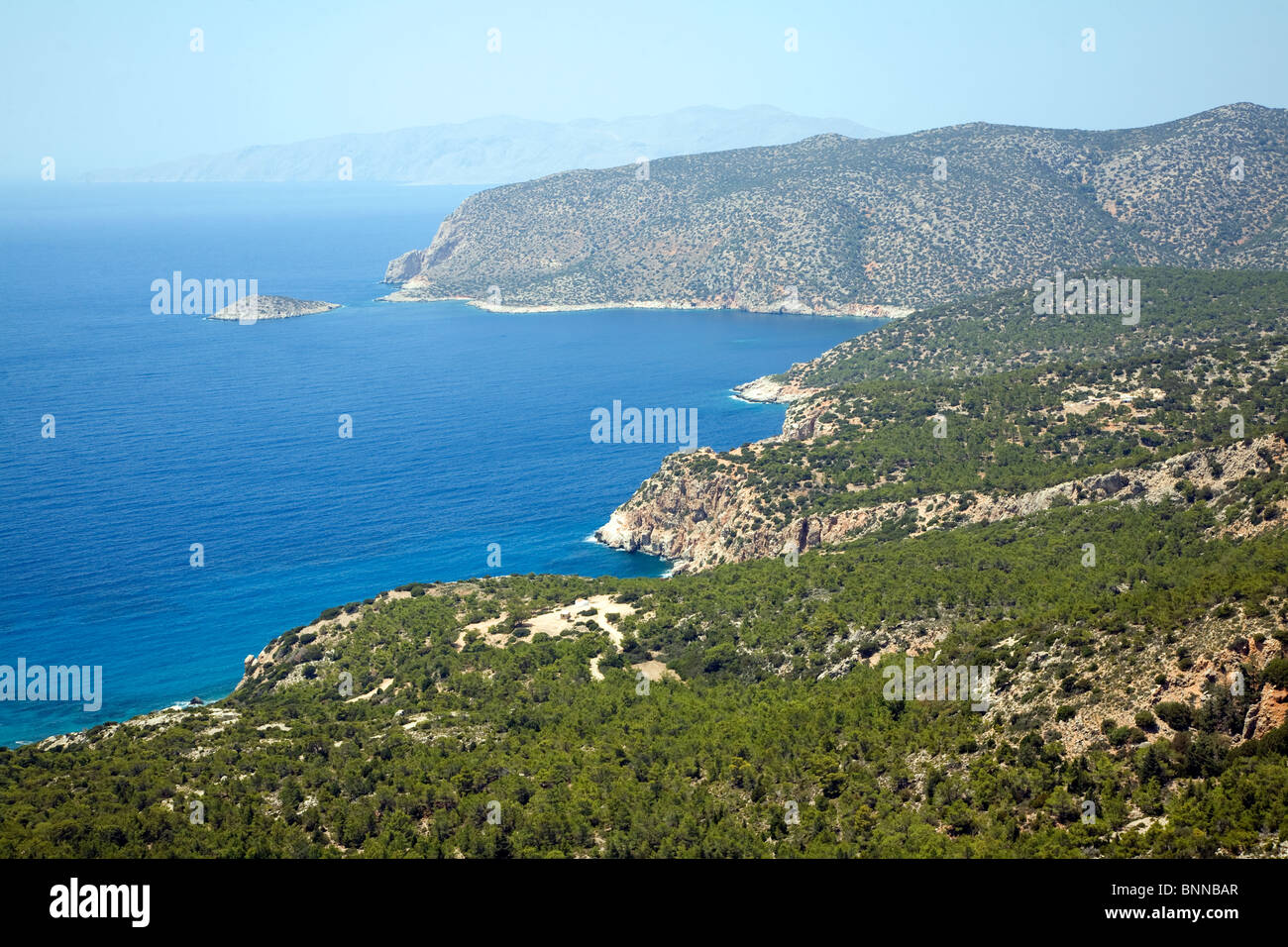 Coastal view over pine forest Kastrou Monolithos, Rhodes, Greece Stock Photo