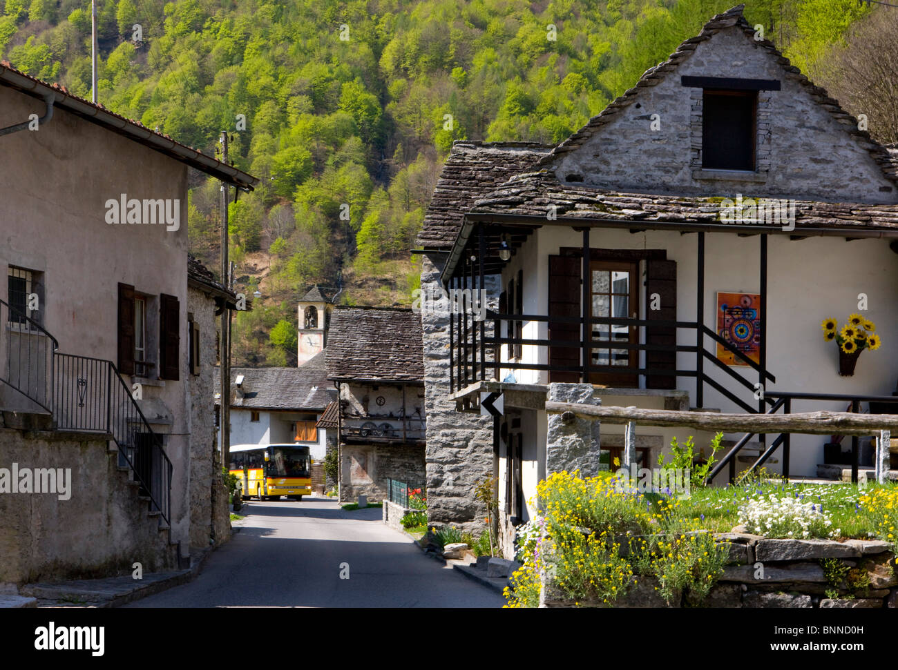 Switzerland swiss Brione valley of Verzasca village postal car canton Ticino Southern Switzerland swiss houses homes street Stock Photo