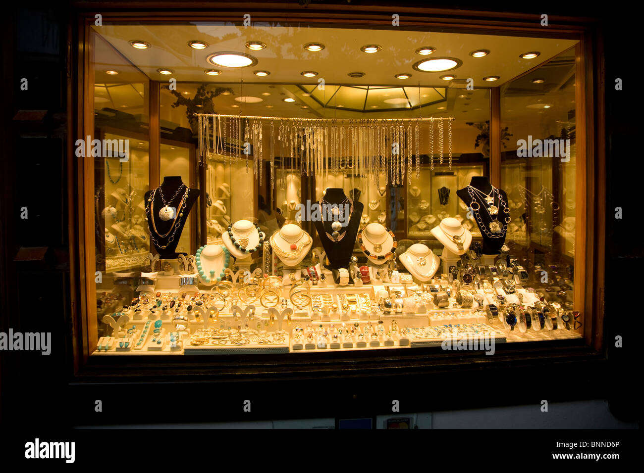 Jewellery shop window display Lindos, Rhodes, Greece Stock Photo