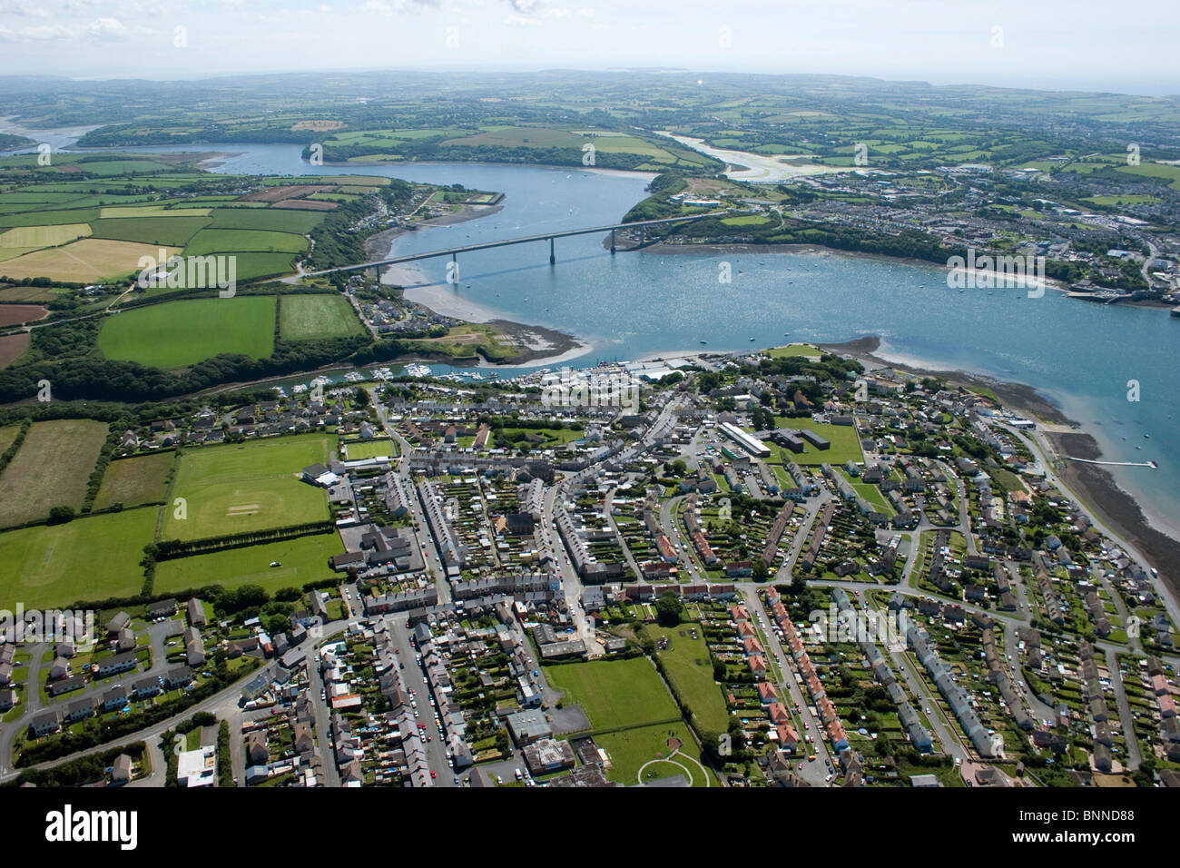 Aerial view of Pembroke Dock Neyland waterways & Cleddau bridge