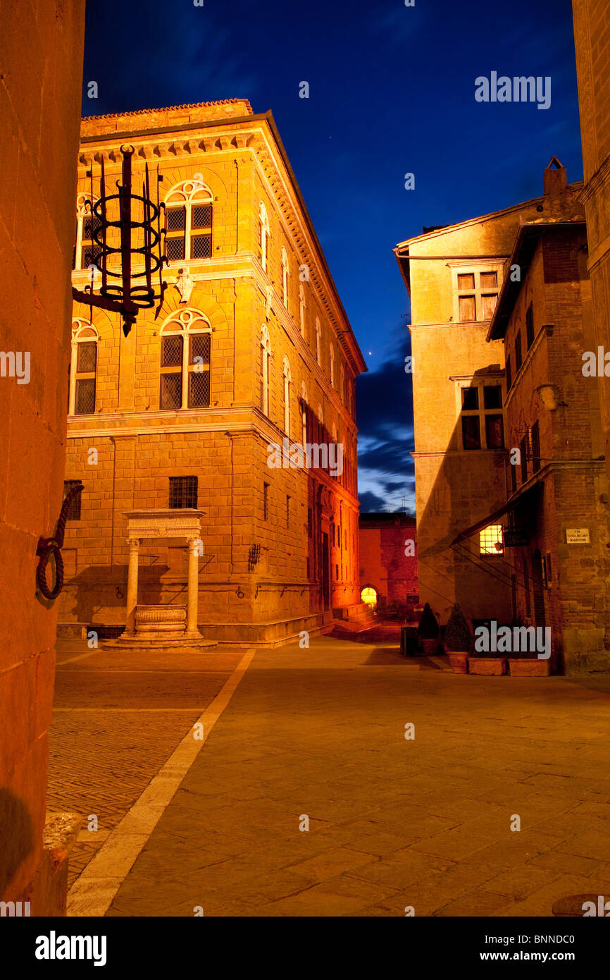 Dusk in the medieval town of Pienza, Tuscany Italy Stock Photo