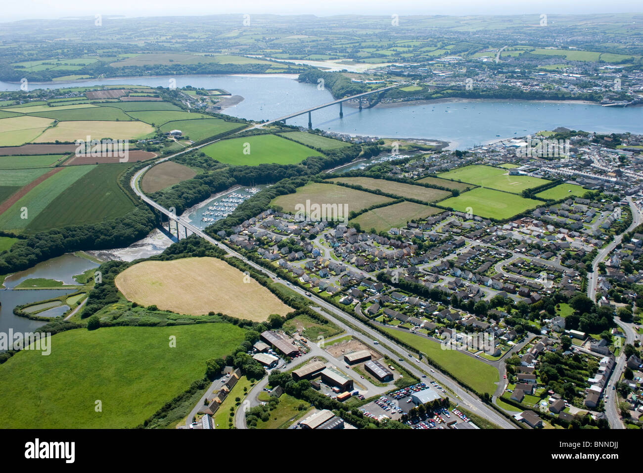 Aerial view of marina Neyland waterways & Cleddau bridge estuary