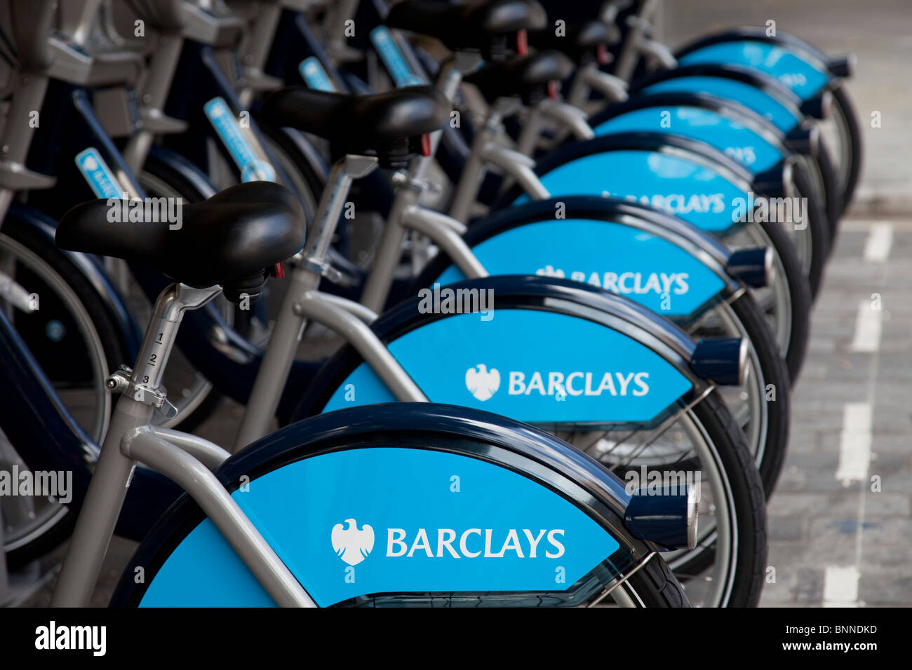 London Cycle Hire bicycles at a docking station at Liverpool Street. Sponsored by Barclays Stock Photo Alamy