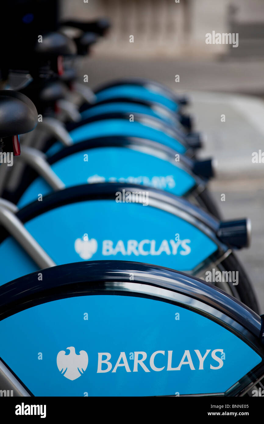 London Cycle Hire bicycles at a docking station at Liverpool Street. Sponsored by Barclays Stock