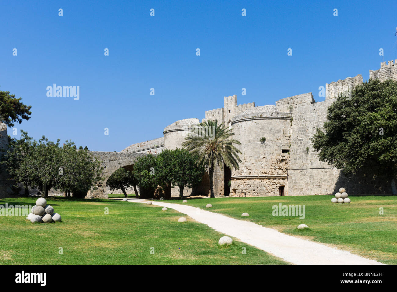 Medieval moat round the walls of the Old Town, Rhodes Town, Rhodes, Greece Stock Photo