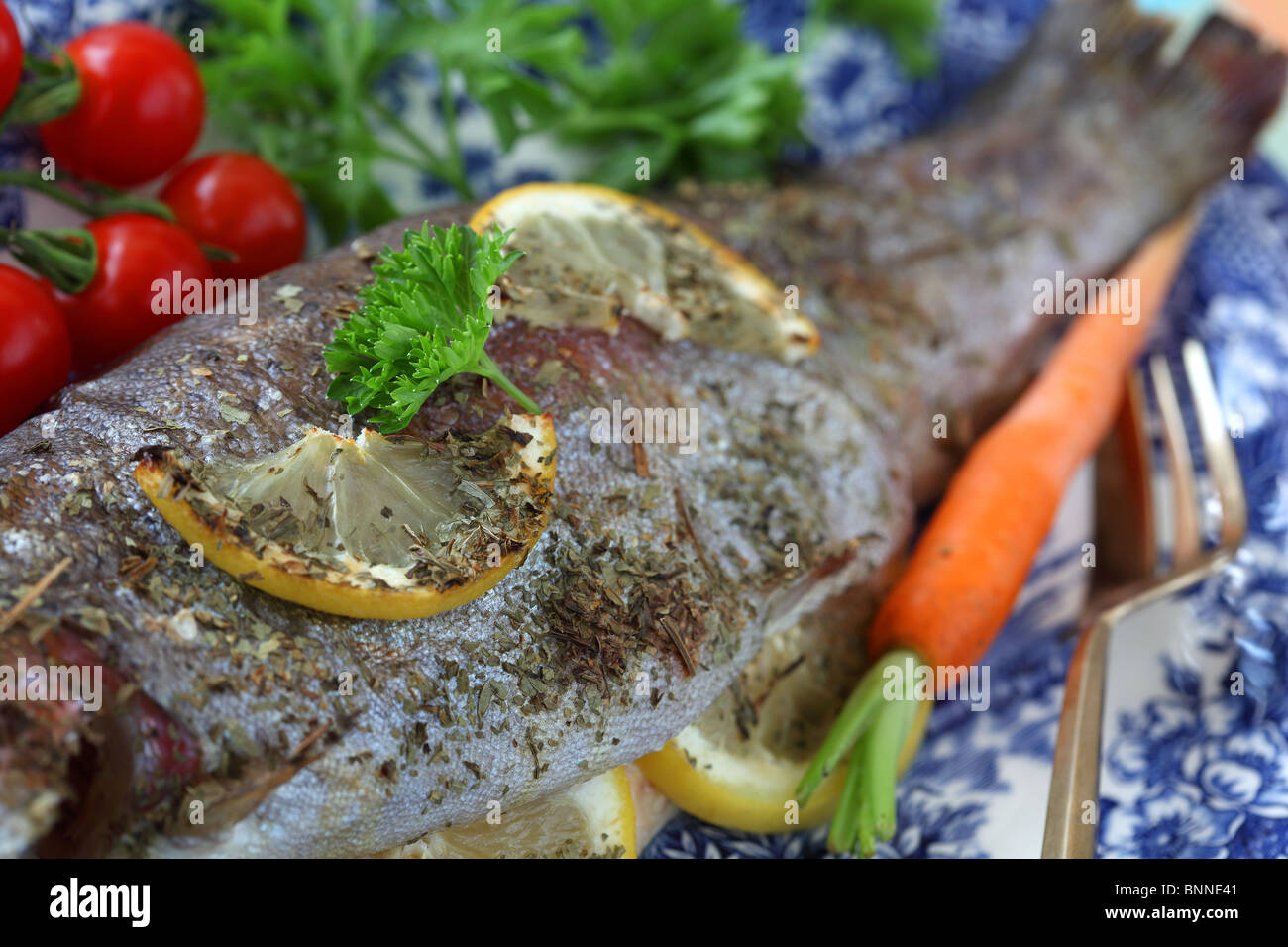 baked fish delicious dish cooked batter nutrition cooking Stock Photo