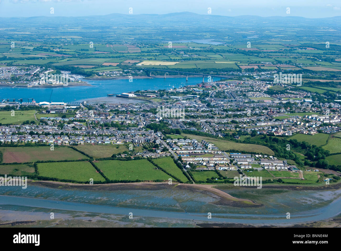Aerial view of Pembroke Dock waterways estuary Pembrokeshire seascape National Coast Wales UK from the air. 053891_Aerial Stock Photo