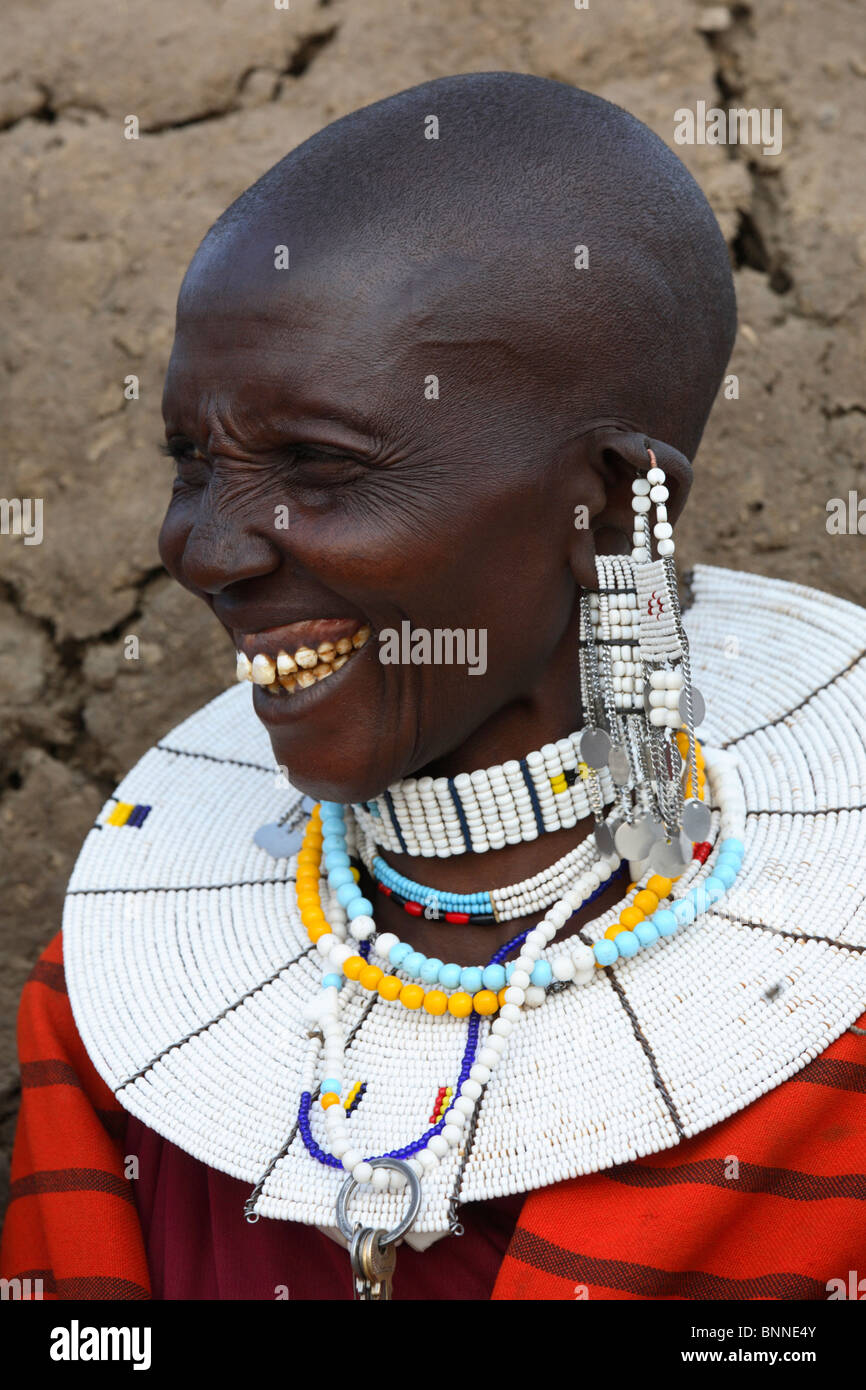 Maasai woman with necklace Jewelry around her neck , Ngogongoro conservation Area, Tanzania Stock Photo