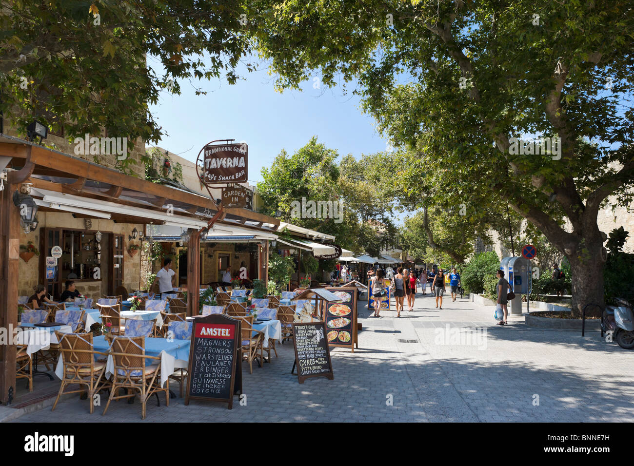 Restaurants and Tavernas on Orfeos Street in the Old Town, Rhodes Town, Rhodes, Greece Stock