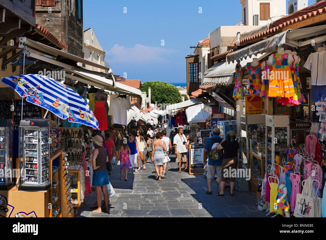 Shops on Odos Socratous (Socrates Street) in the Old Town, Rhodes Town, Rhodes, Greece Stock Photo