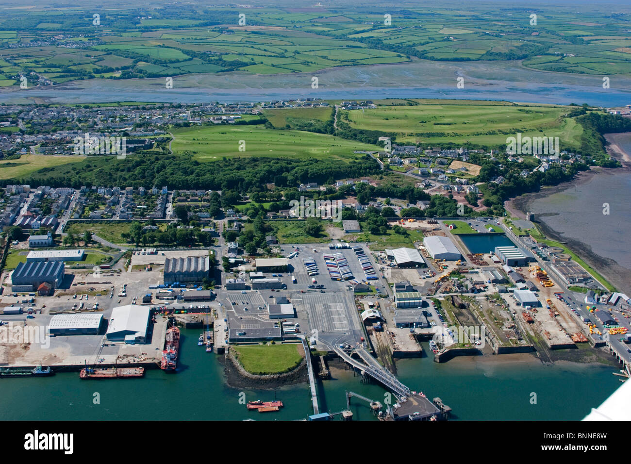 Aerial view of Pembroke Dock waterways & refineries Pembrokeshire