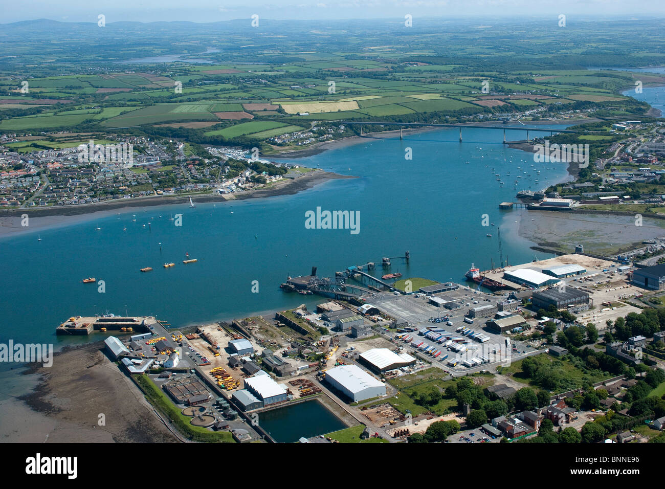 Aerial view of Pembroke Dock port Neyland waterways estuary Pembrokeshire National Coast Wales UK from the air. 053896_Aerial Stock Photo