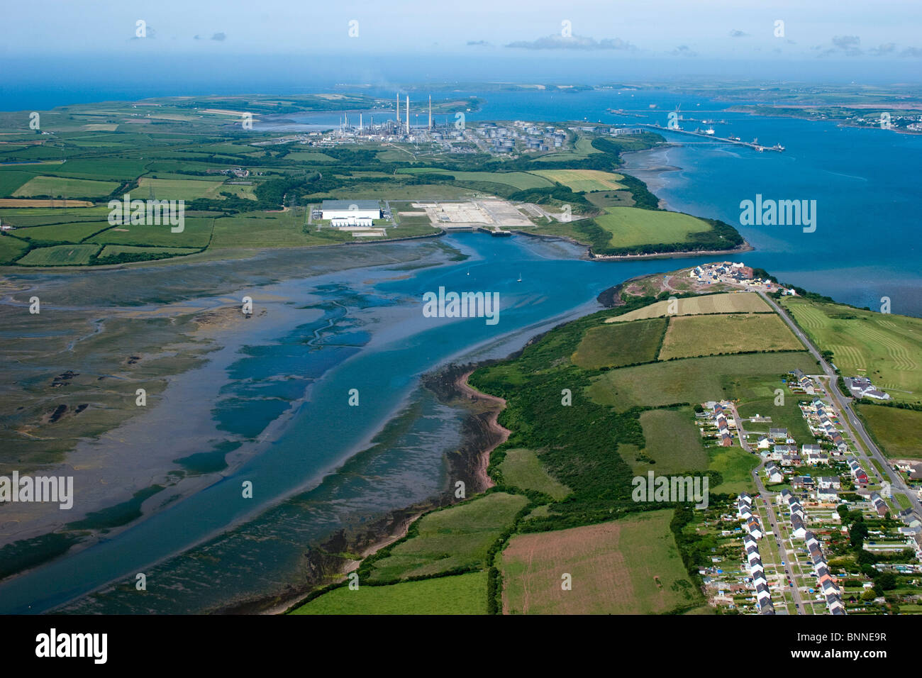 Aerial view of Pembroke Dock waterways & refineries Pembrokeshire
