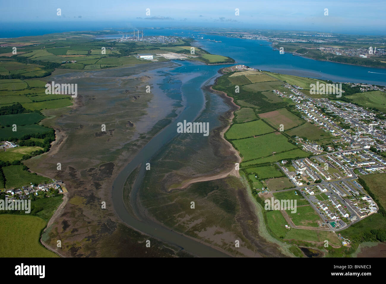 Aerial view of Pembroke Dock waterways & refineries Pembrokeshire