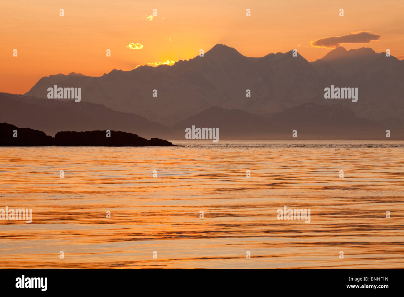 Sunset - Cross Sound in Southeast Alaska Stock Photo