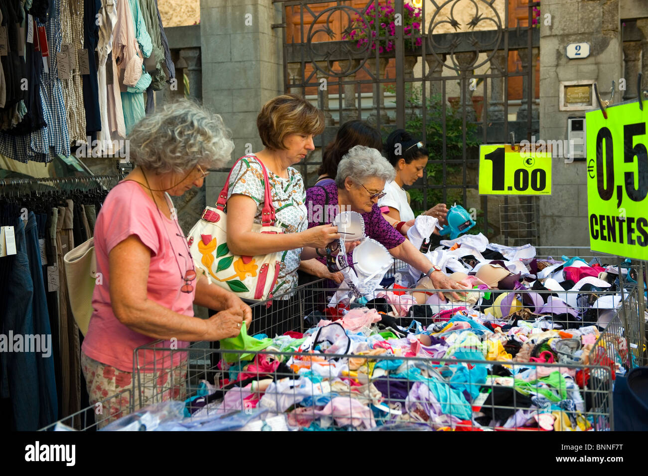 Italy. Tuscany. Colle di val d'Elsa. The weekly market. Shopping for Bras and Pants. Stock Photo