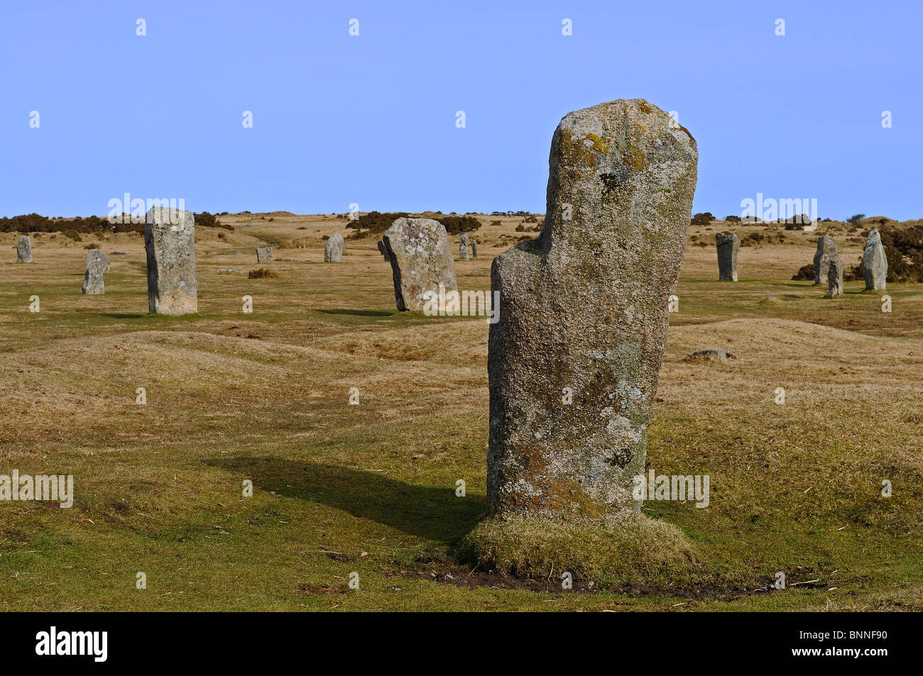 The ' hurlers ' ancient standing stones at minions on bodmin moor in cornwall, uk Stock Photo