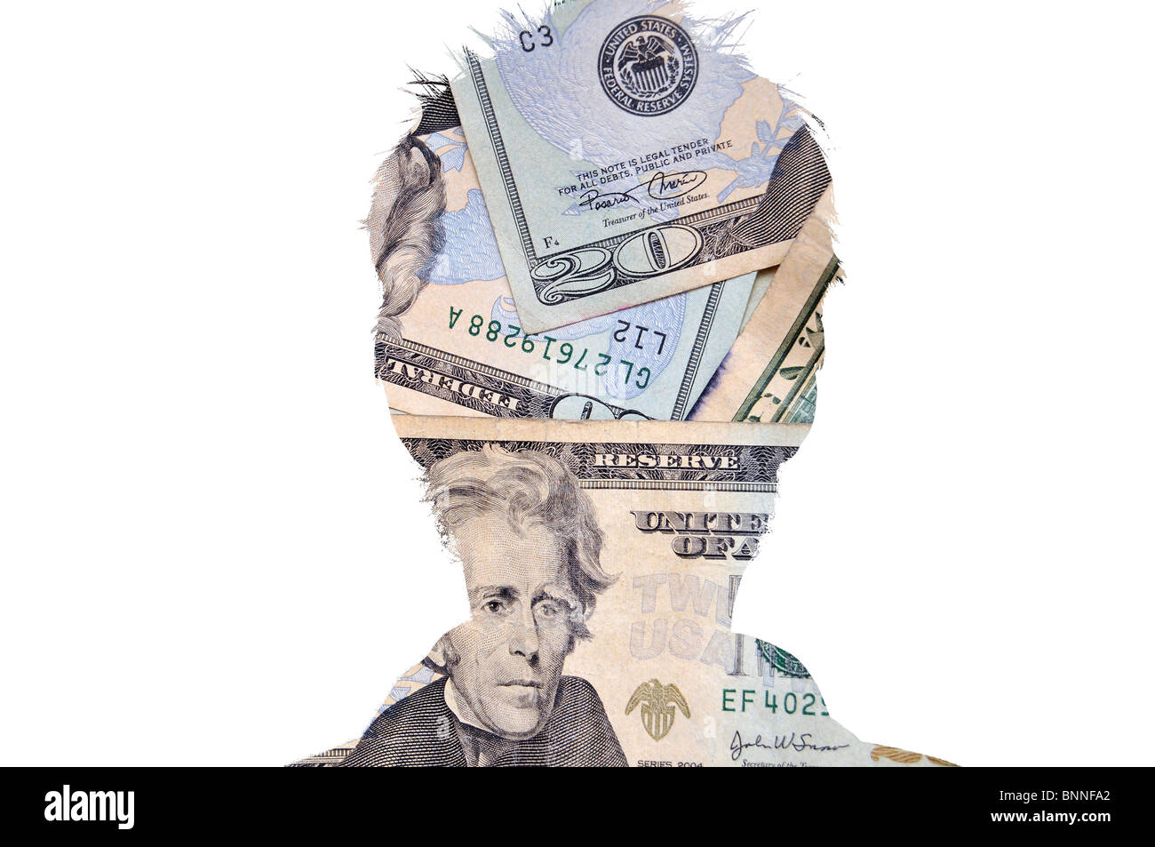 Head silhouette figure with cash inside. Isolated on white. Stock Photo