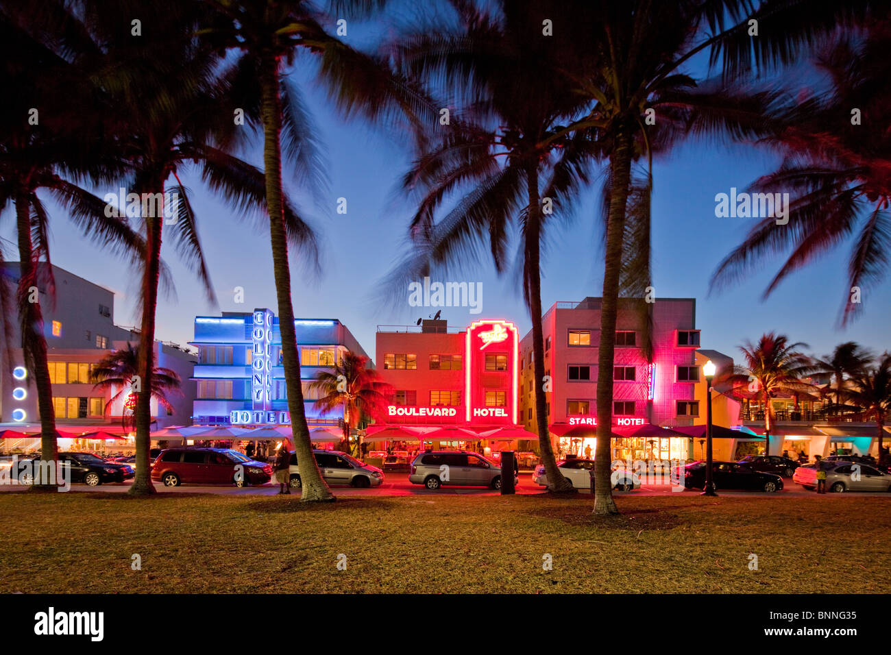 Art Deco Neon lit historic buildings, Ocean Drive, Miami South Beach, Florida Stock Photo