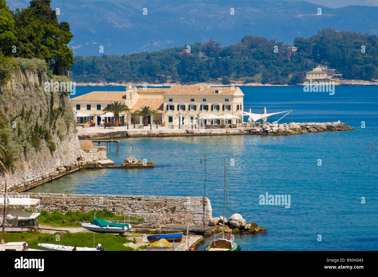 View over the old fortress café in Corfu Town on the Greek island of Corfu Greece GR Stock Photo