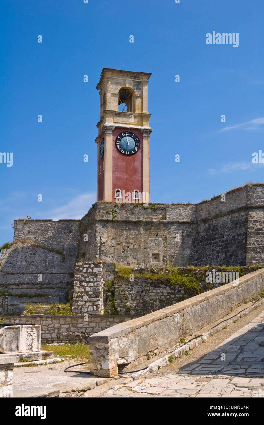 Clock tower at the old Venetian fortress in Corfu Town on the Greek island of Corfu Greece GR Stock Photo