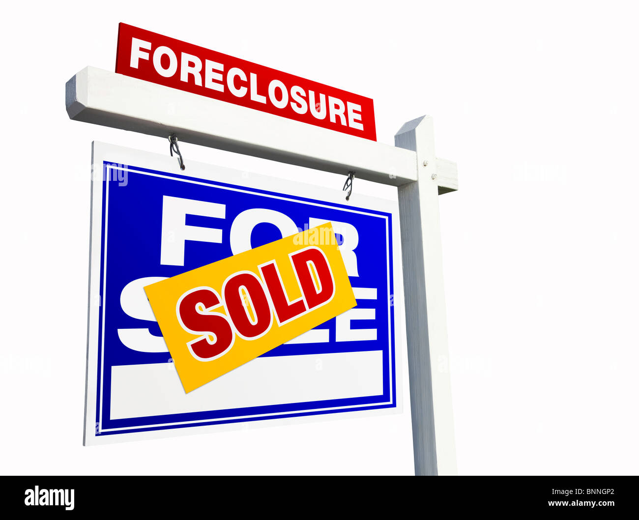 Blue Sold Foreclosure Real Estate Sign Isolated on White. Stock Photo