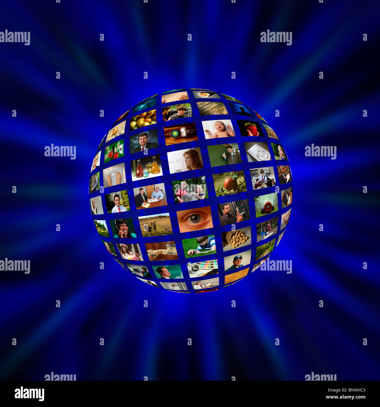 A sphere of pictures or video screens in a blue vortex Stock Photo Alamy