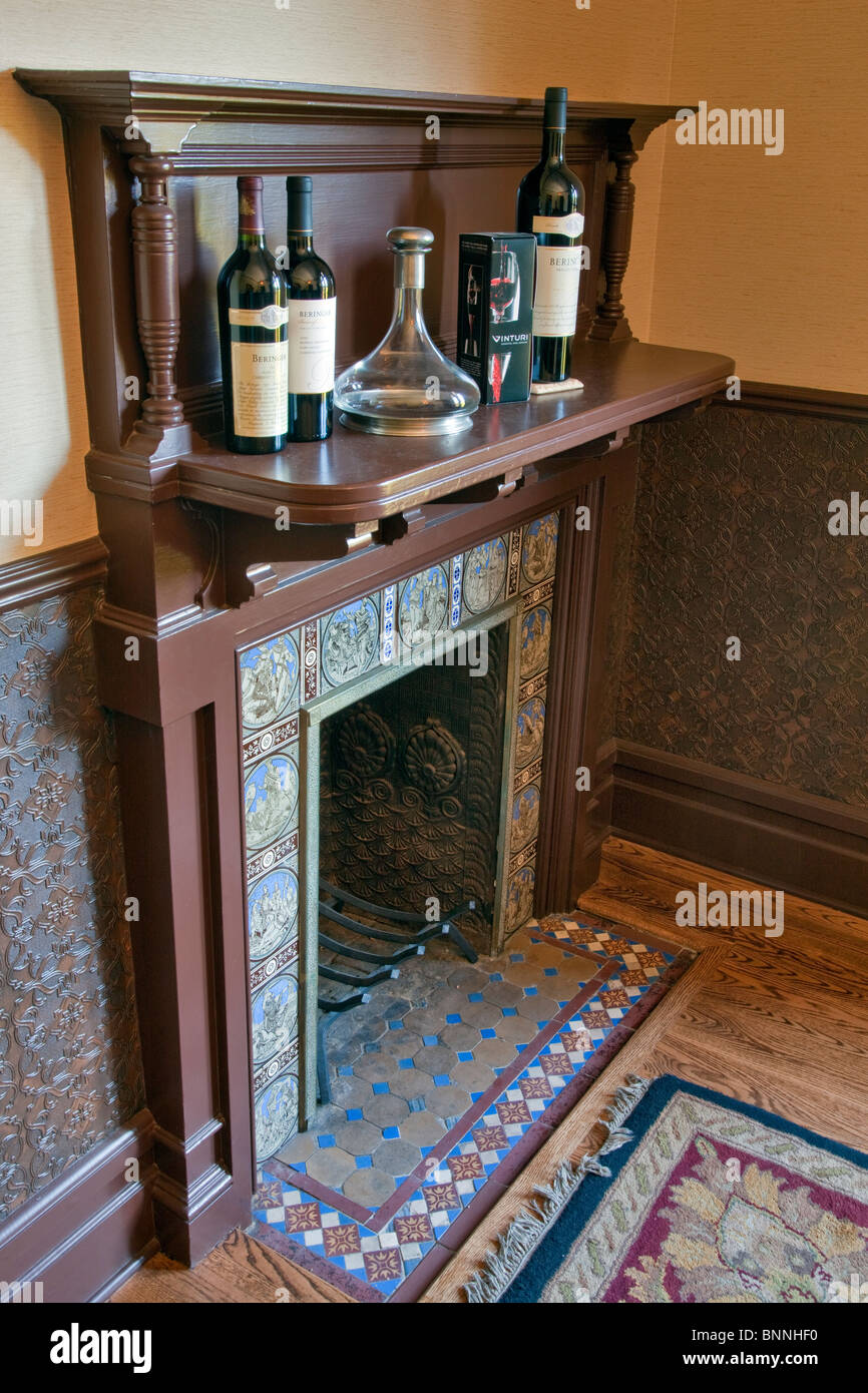 Old fireplace mantle at Beringer Vineyards. Napa Valley, California. Stock Photo