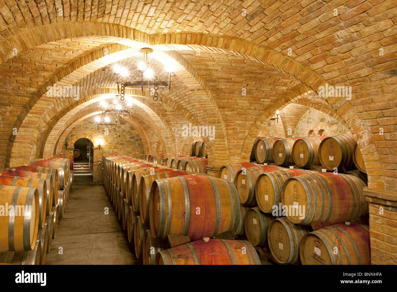 Wine aging in barrels in cellar. Castello di Amerorosa. Napa Valley, California. Property released Stock Photo