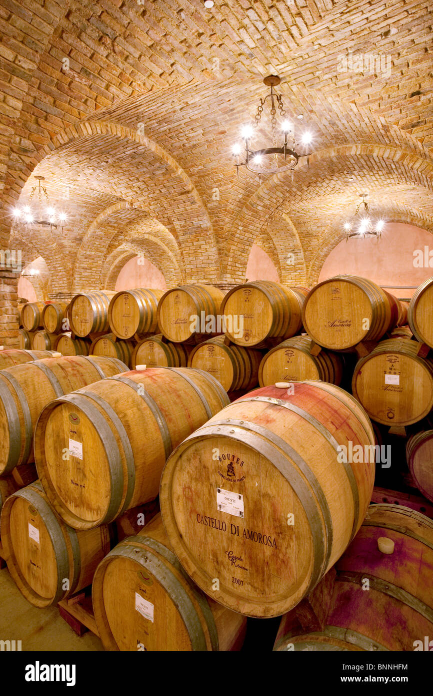 Wine aging in barrels in cellar. Castello di Amerorosa. Napa Valley, California. Property relased Stock Photo