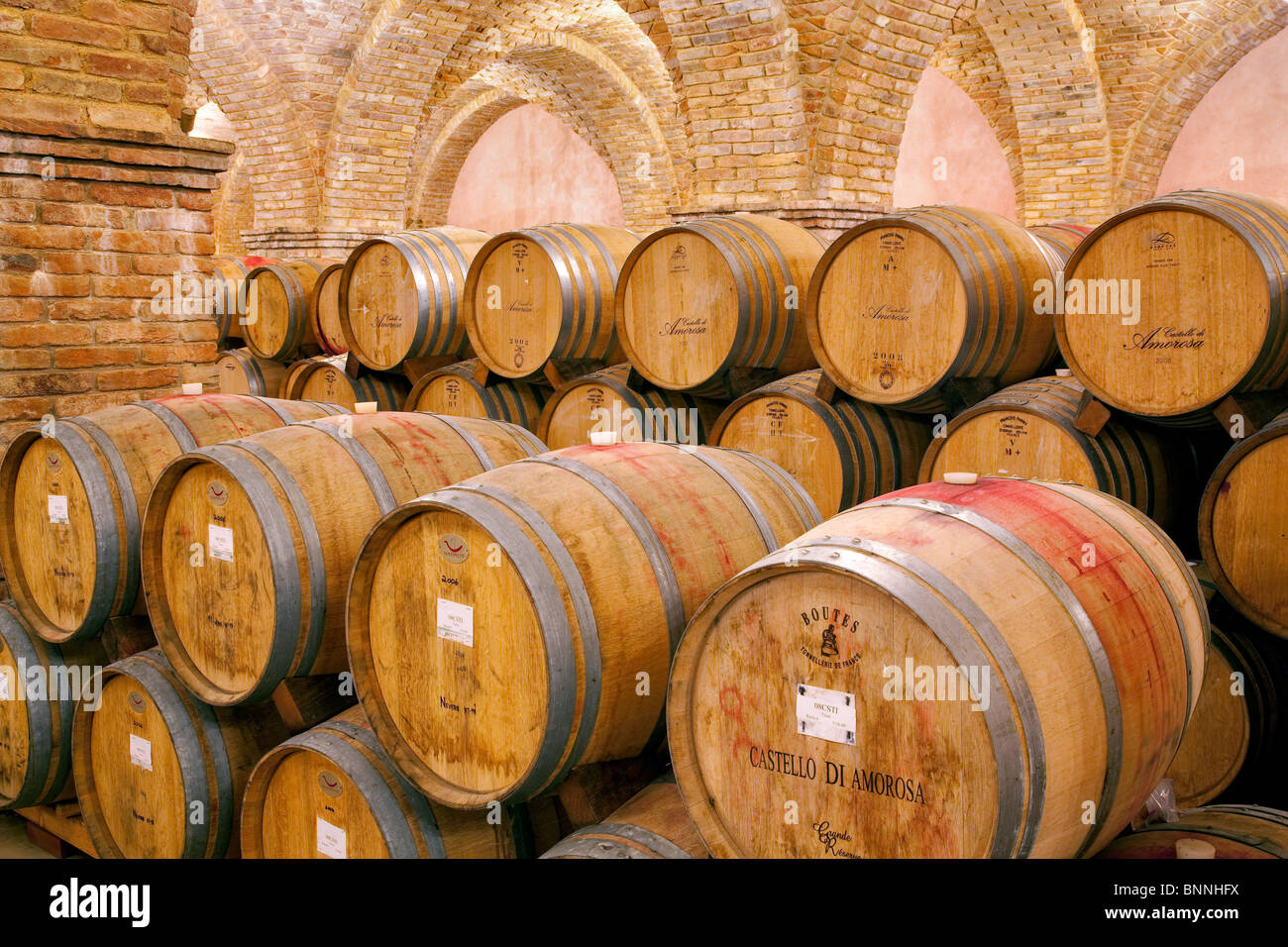 Wine aging in barrels in cellar. Castello di Amerorosa. Napa Valley, California. Property relased Stock Photo