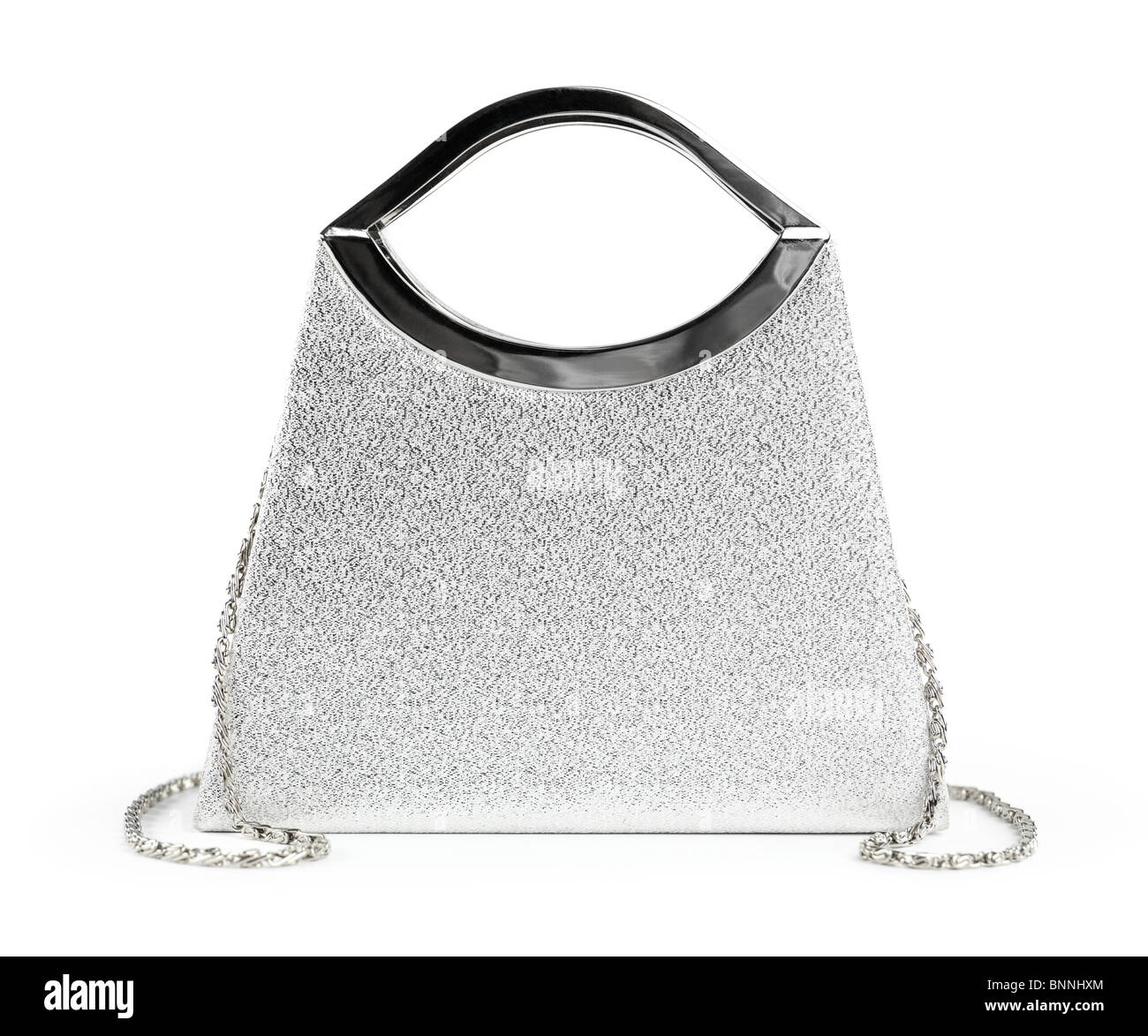Shiny silver retro fashion ladies purse. Isolated on white background. Stock Photo