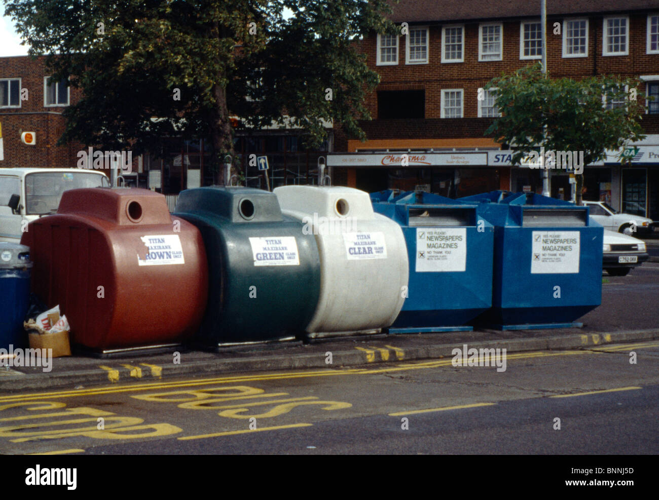 Row Of Recycling Bins And Bottle Banks Stock Photo Alamy