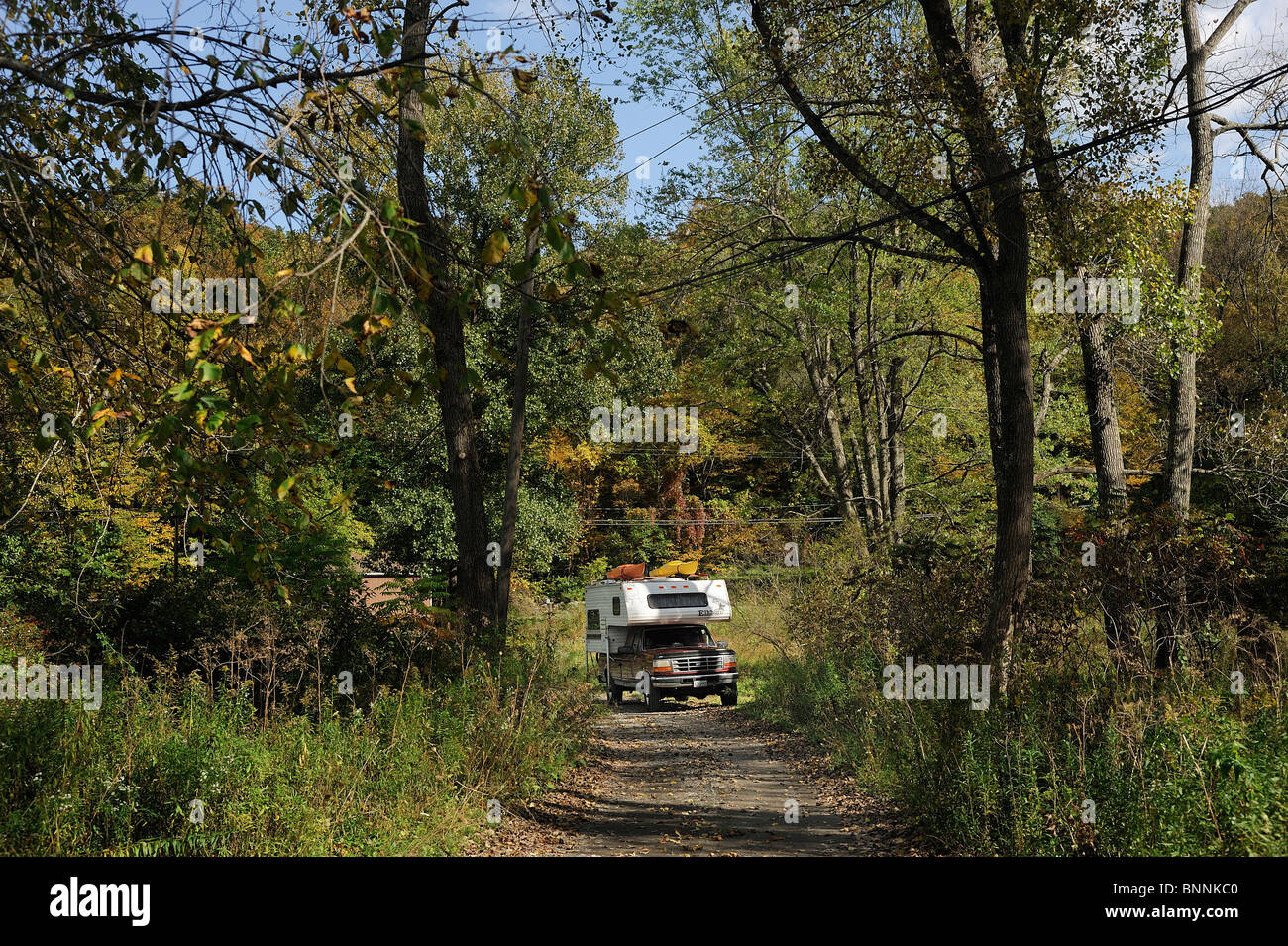 Pickup Truck camping Camper Amenia New York USA America United States of America forest Stock Photo