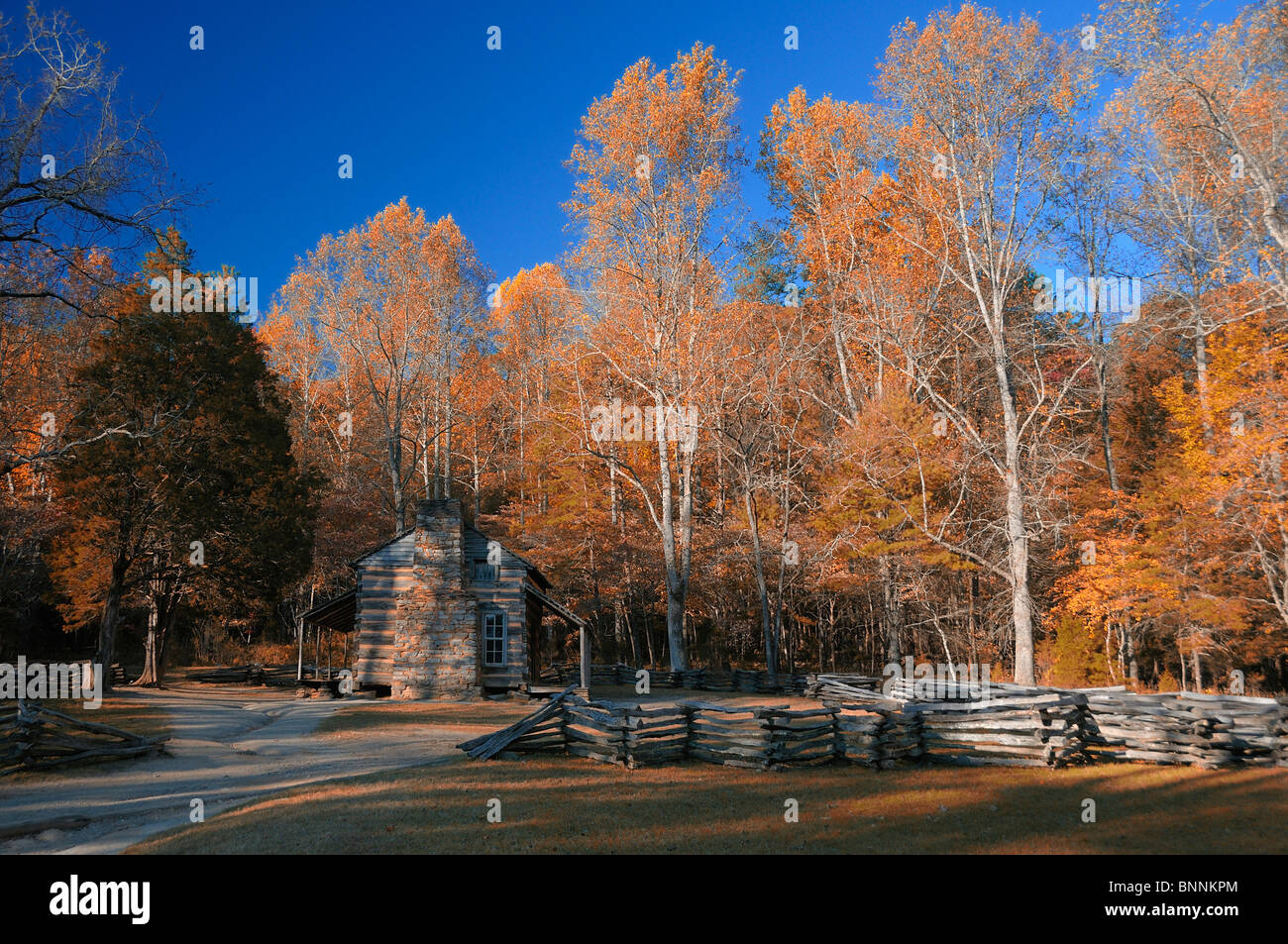 John Oliver Place Cabin log house Cades Cove Fall colours colors Great Smoky Mountains National Park Tennessee USA Stock Photo